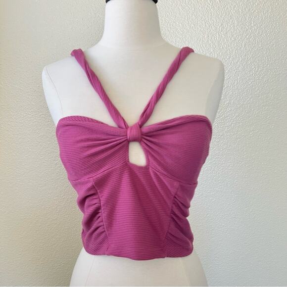 Urban Outfitters UO Midnight Halter Tank Top mauve pink cropped ribbed keyhole - Picture 3 of 8